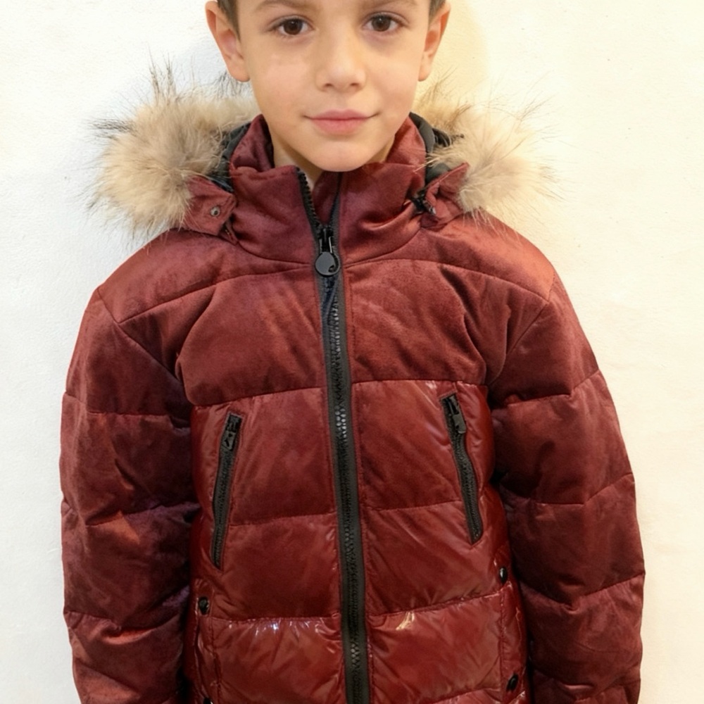 Children's Maroon Puffer Coat with Faux Fur Trim